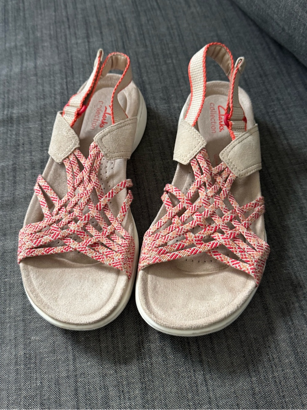Clarks Beige Sandals with Coral Braided Accents
